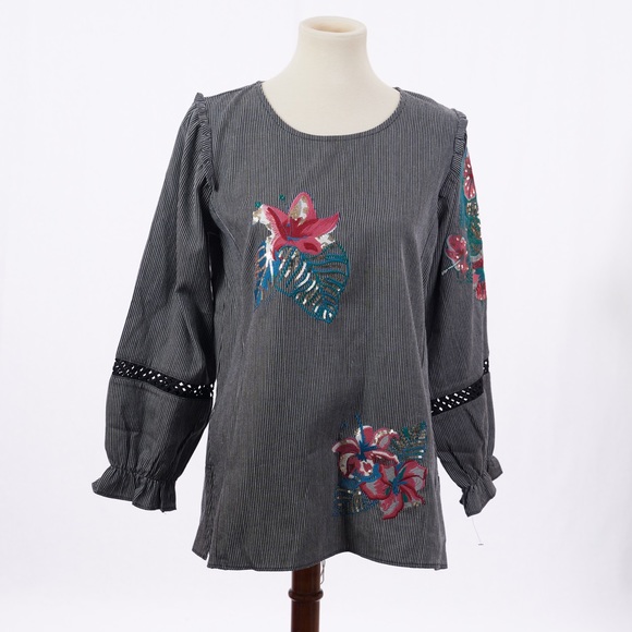 Caleooa women’s Pinstriped Embroidery Sequin Floral Blouse Ruffle Shoulder Boho - Picture 1 of 6